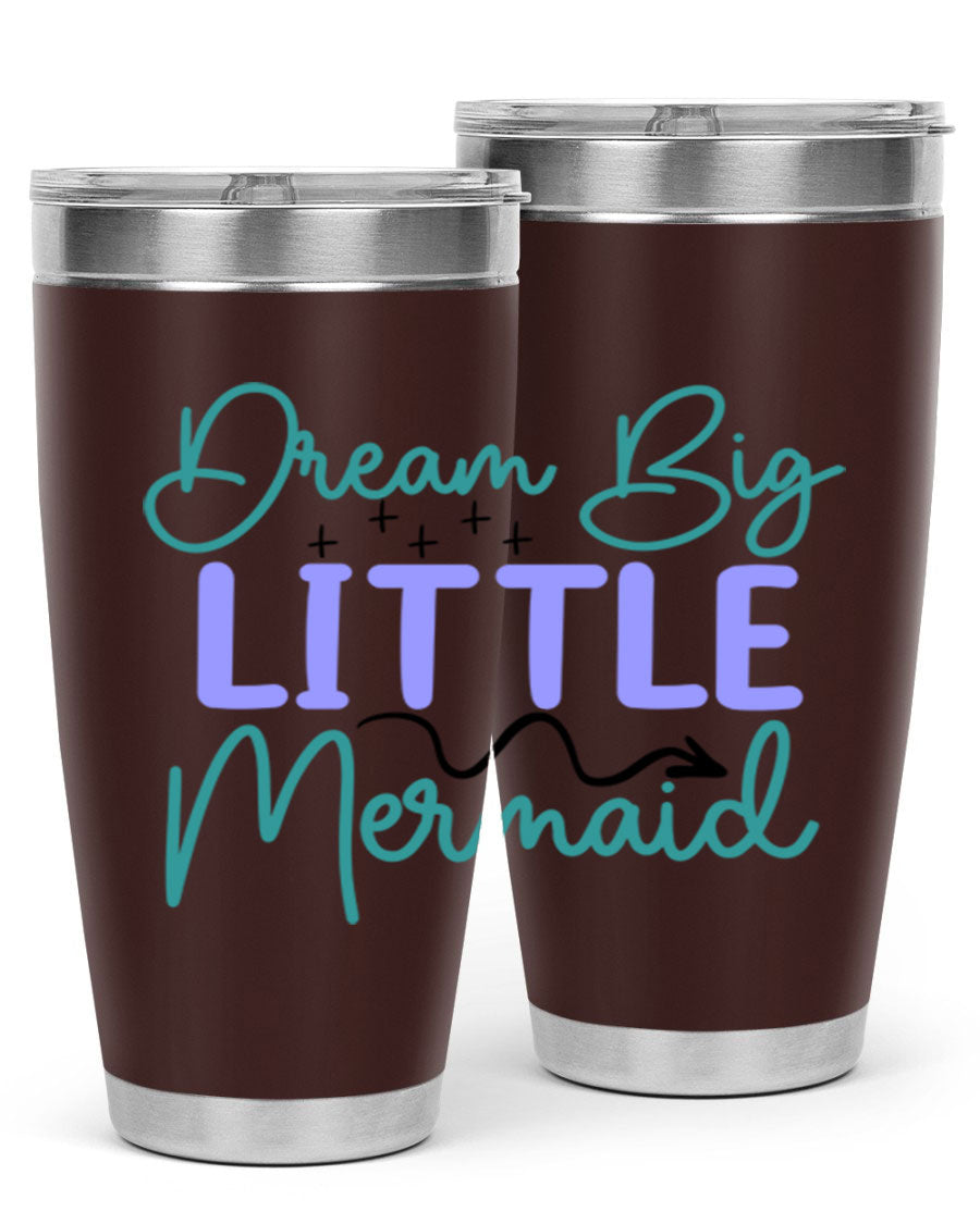 Dream Big Little Mermaid 20oz tumbler featuring a vibrant design, double wall vacuum insulation, and a convenient drink-thru lid.