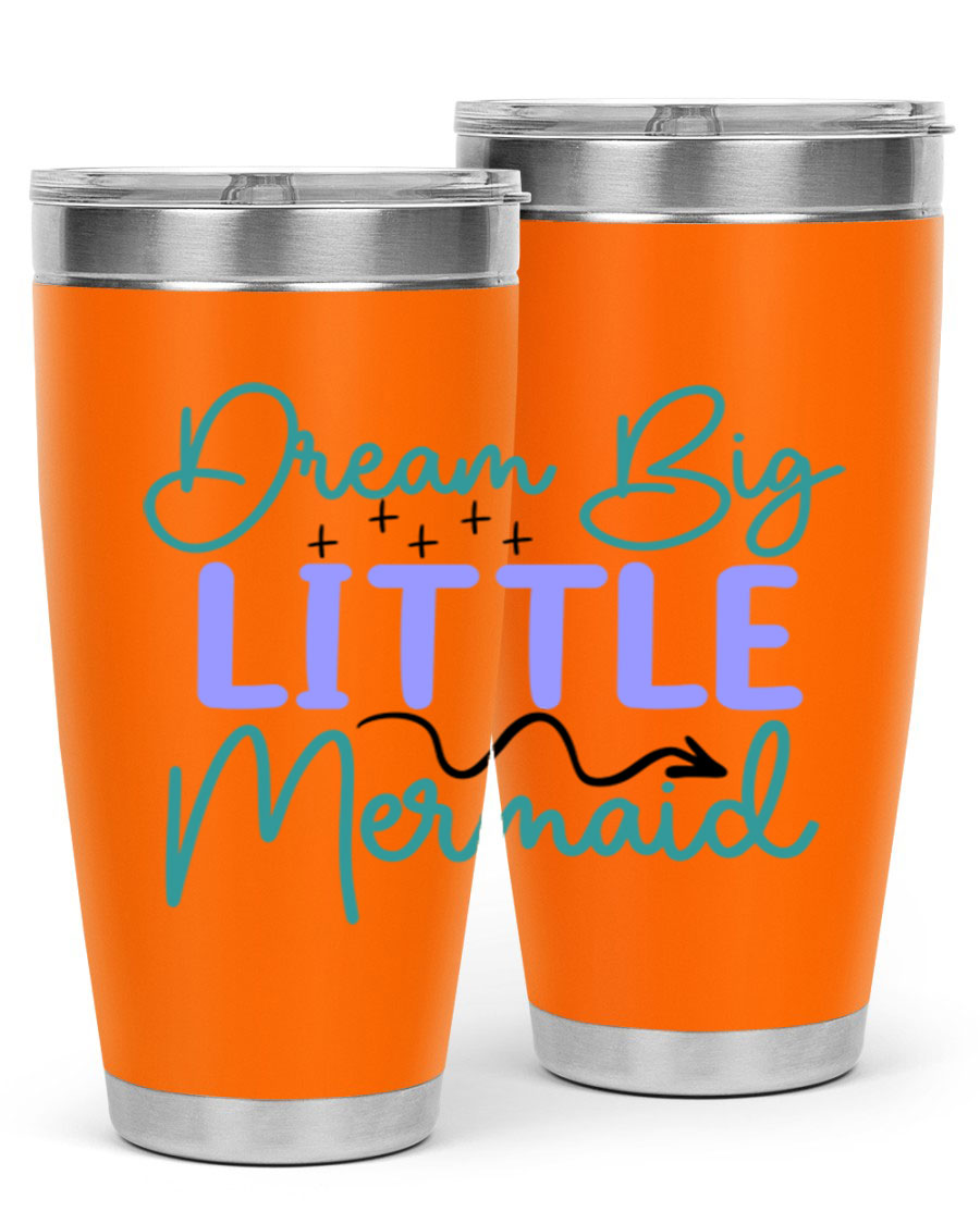Dream Big Little Mermaid 20oz tumbler featuring a vibrant design, double wall vacuum insulation, and a convenient drink-thru lid.