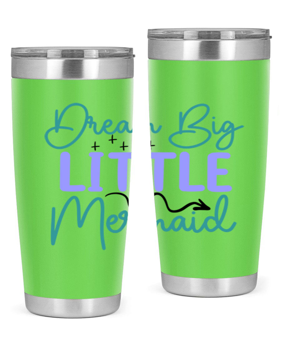 Dream Big Little Mermaid 20oz tumbler featuring a vibrant design, double wall vacuum insulation, and a convenient drink-thru lid.