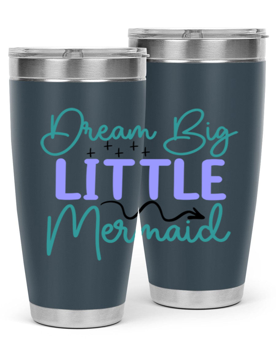 Dream Big Little Mermaid 20oz tumbler featuring a vibrant design, double wall vacuum insulation, and a convenient drink-thru lid.