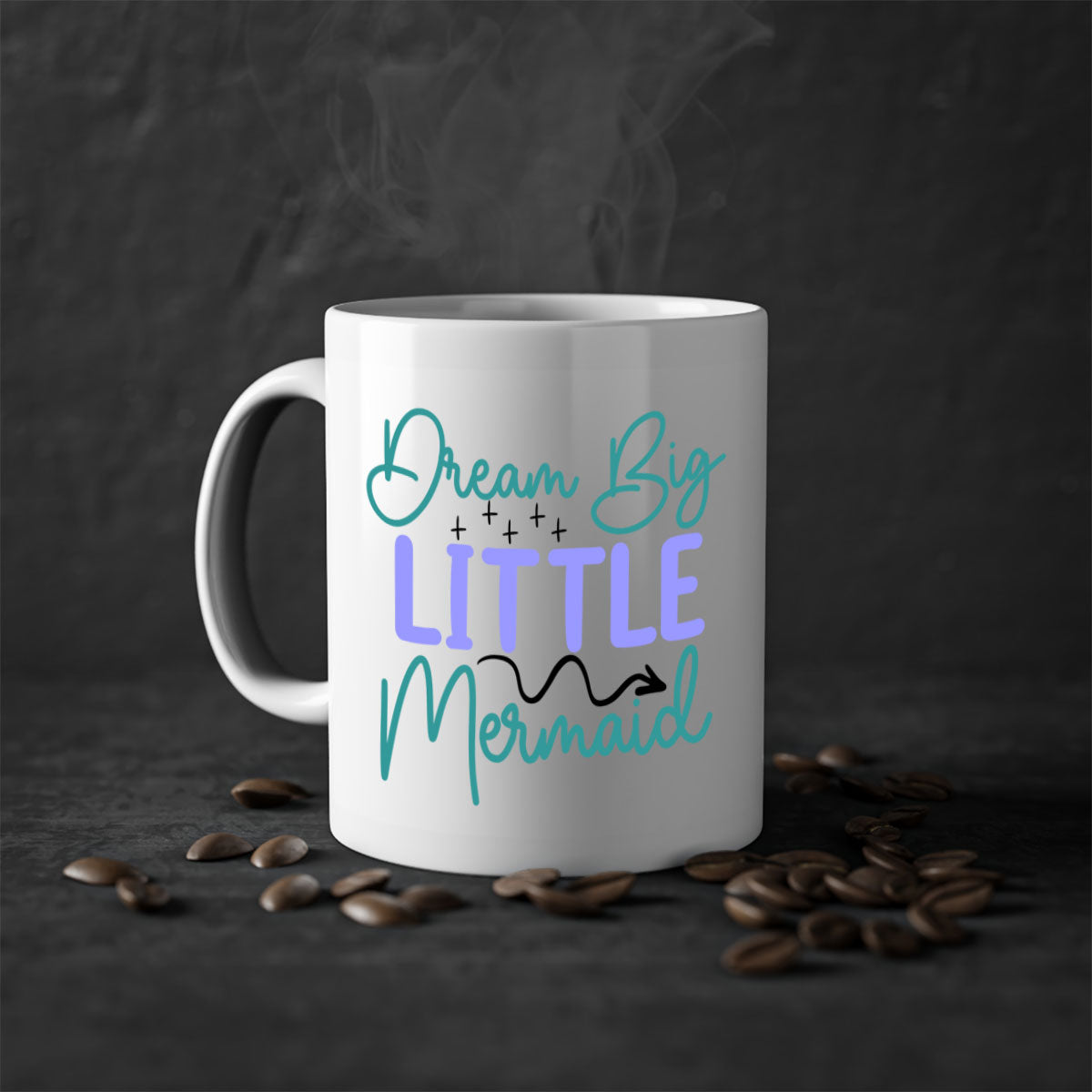 Dream Big Little Mermaid Mug with two-tone design, featuring a colored handle and glossy finish, available in multiple colors.