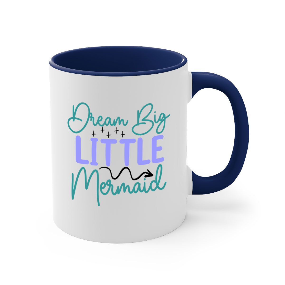 Dream Big Little Mermaid Mug with two-tone design, featuring a colored handle and glossy finish, available in multiple colors.