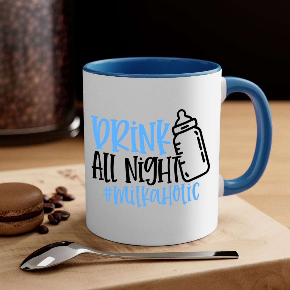 Drink All Night Milkaholic Style 99# Mug with colorful handle and glossy finish, available in multiple sizes.