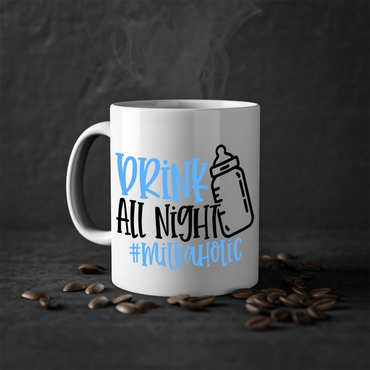 Drink All Night Milkaholic Style 99# Mug with colorful handle and glossy finish, available in multiple sizes.