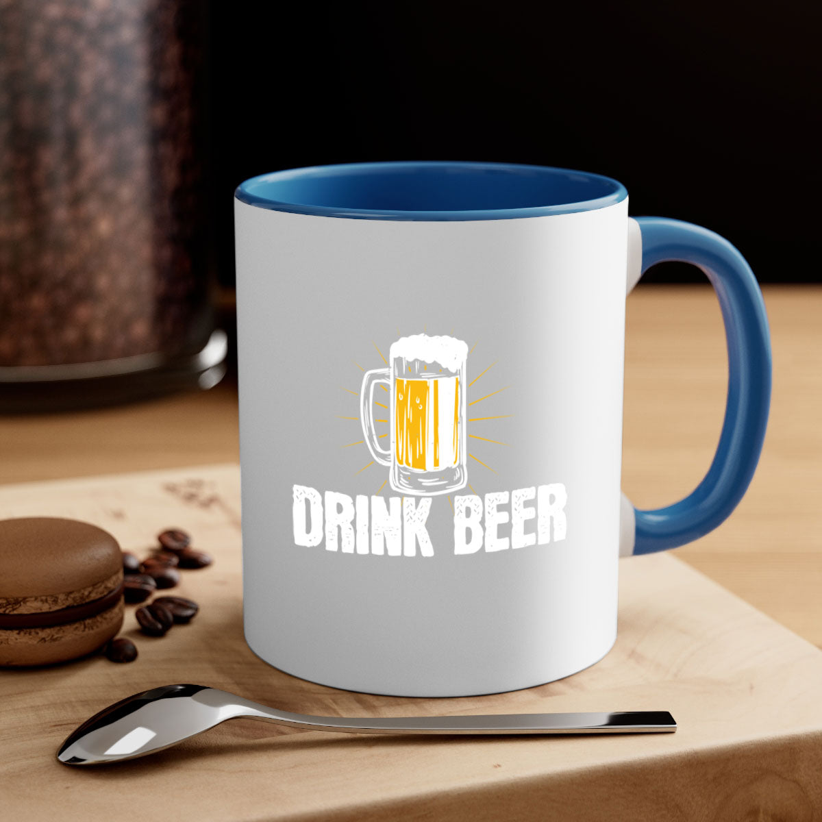 Drink Beer 92# Mug featuring a glossy finish, colored handle, and interior, available in multiple colors and sizes.