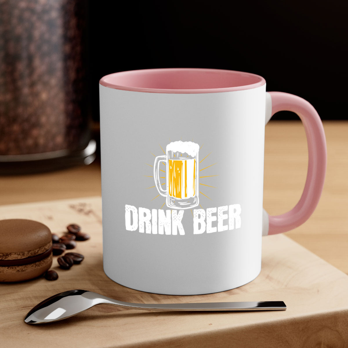Drink Beer 92# Mug featuring a glossy finish, colored handle, and interior, available in multiple colors and sizes.