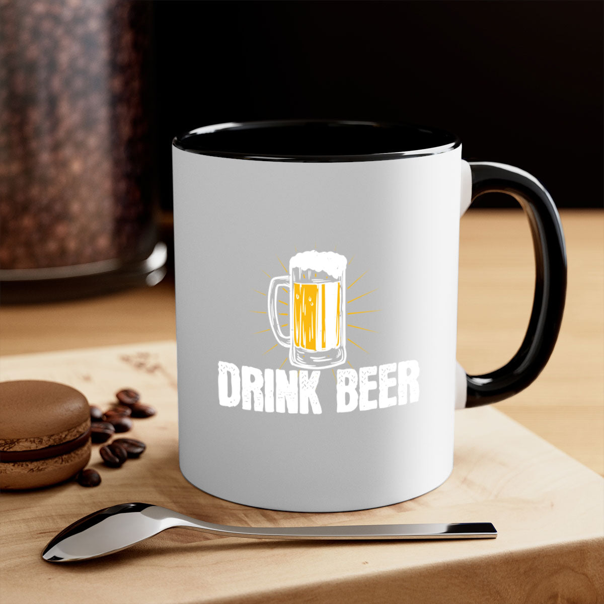 Drink Beer 92# Mug featuring a glossy finish, colored handle, and interior, available in multiple colors and sizes.