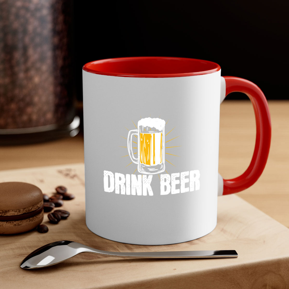 Drink Beer 92# Mug featuring a glossy finish, colored handle, and interior, available in multiple colors and sizes.