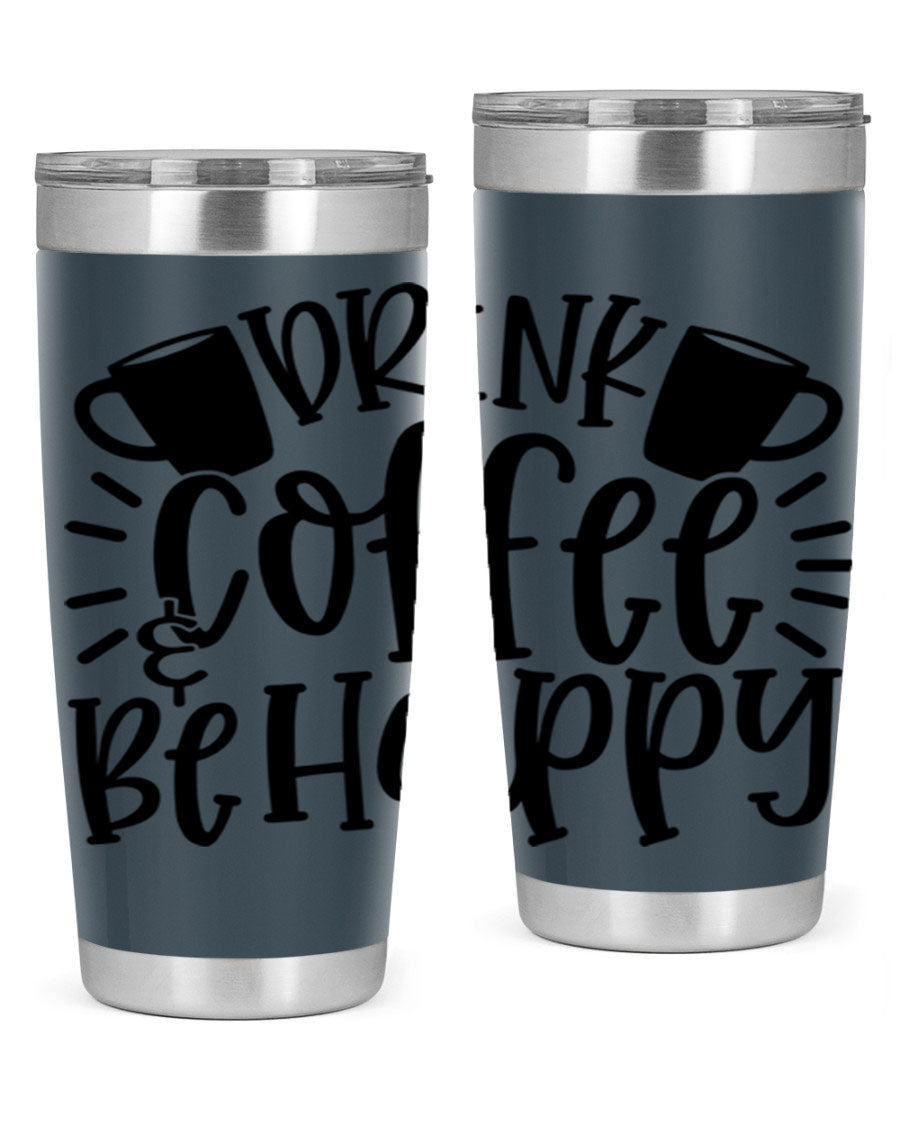 Drink Coffee Be Happy 128# Tumbler in stainless steel with a drink-thru lid, showcasing its sleek design and vibrant print.