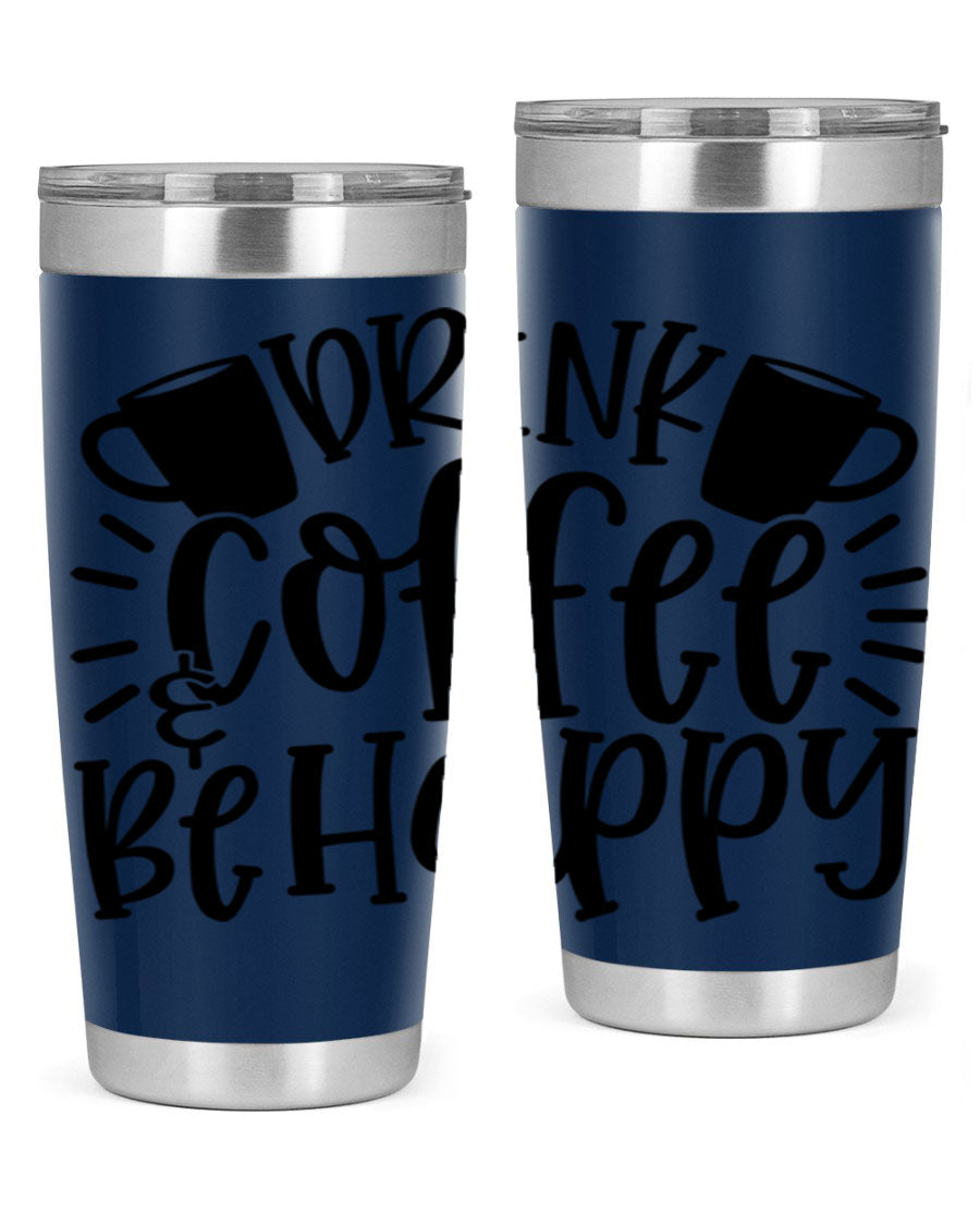 Drink Coffee Be Happy 128# Tumbler in stainless steel with a drink-thru lid, showcasing its sleek design and vibrant print.