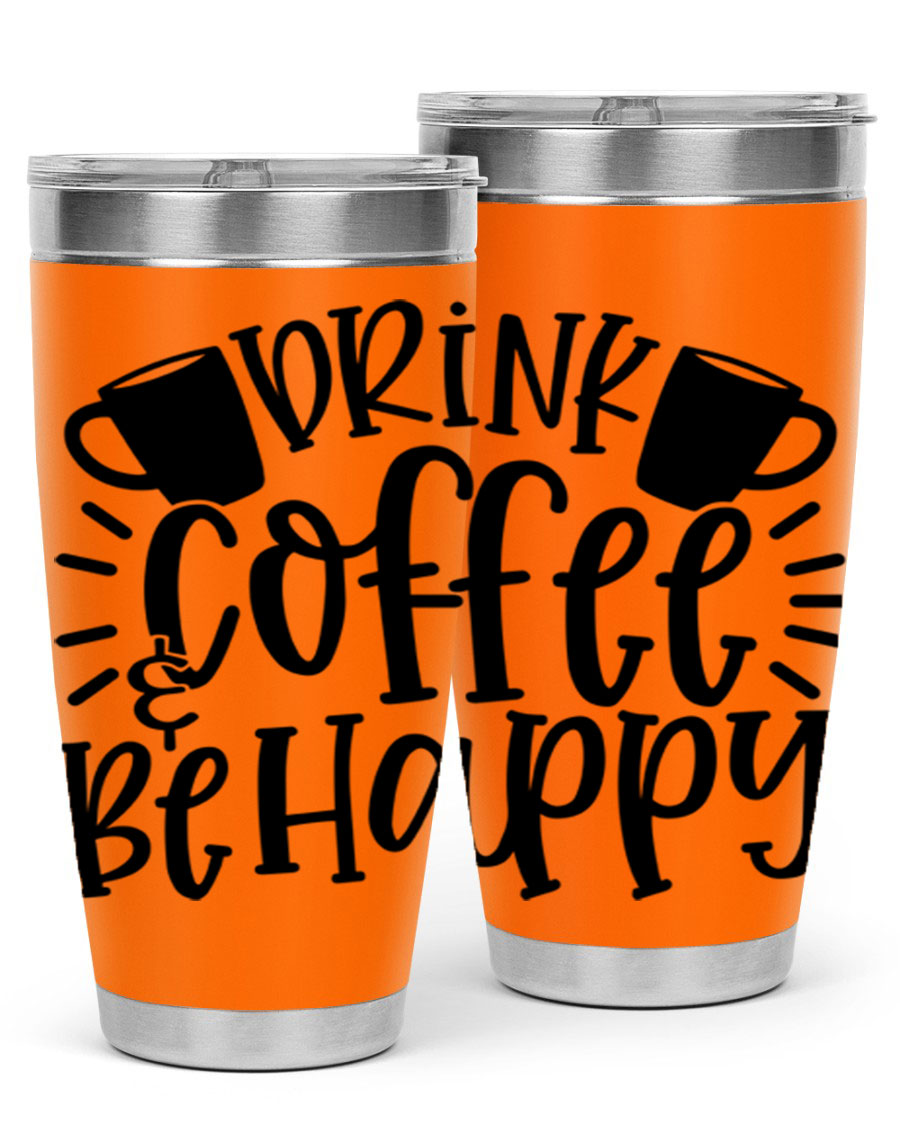 Drink Coffee Be Happy 128# Tumbler in stainless steel with a drink-thru lid, showcasing its sleek design and vibrant print.