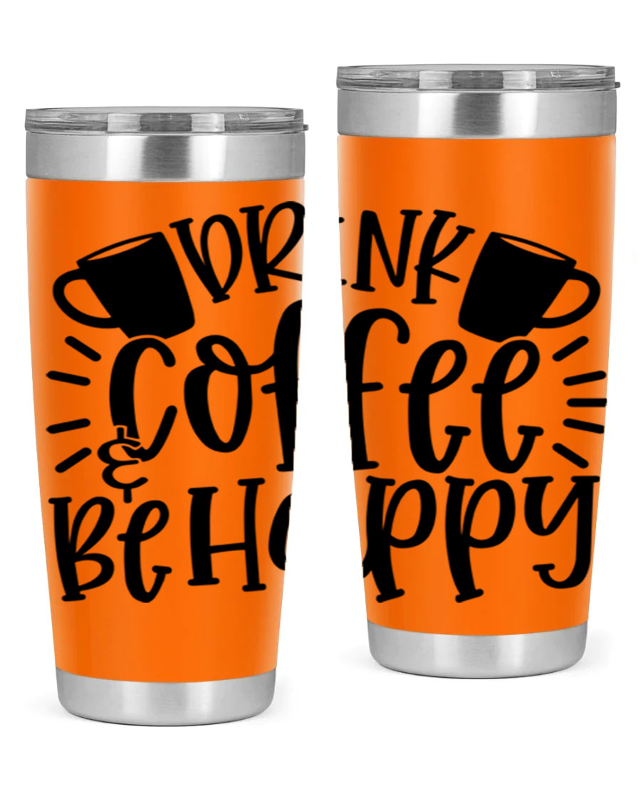 Drink Coffee Be Happy 128# Tumbler in stainless steel with a drink-thru lid, showcasing its sleek design and vibrant print.