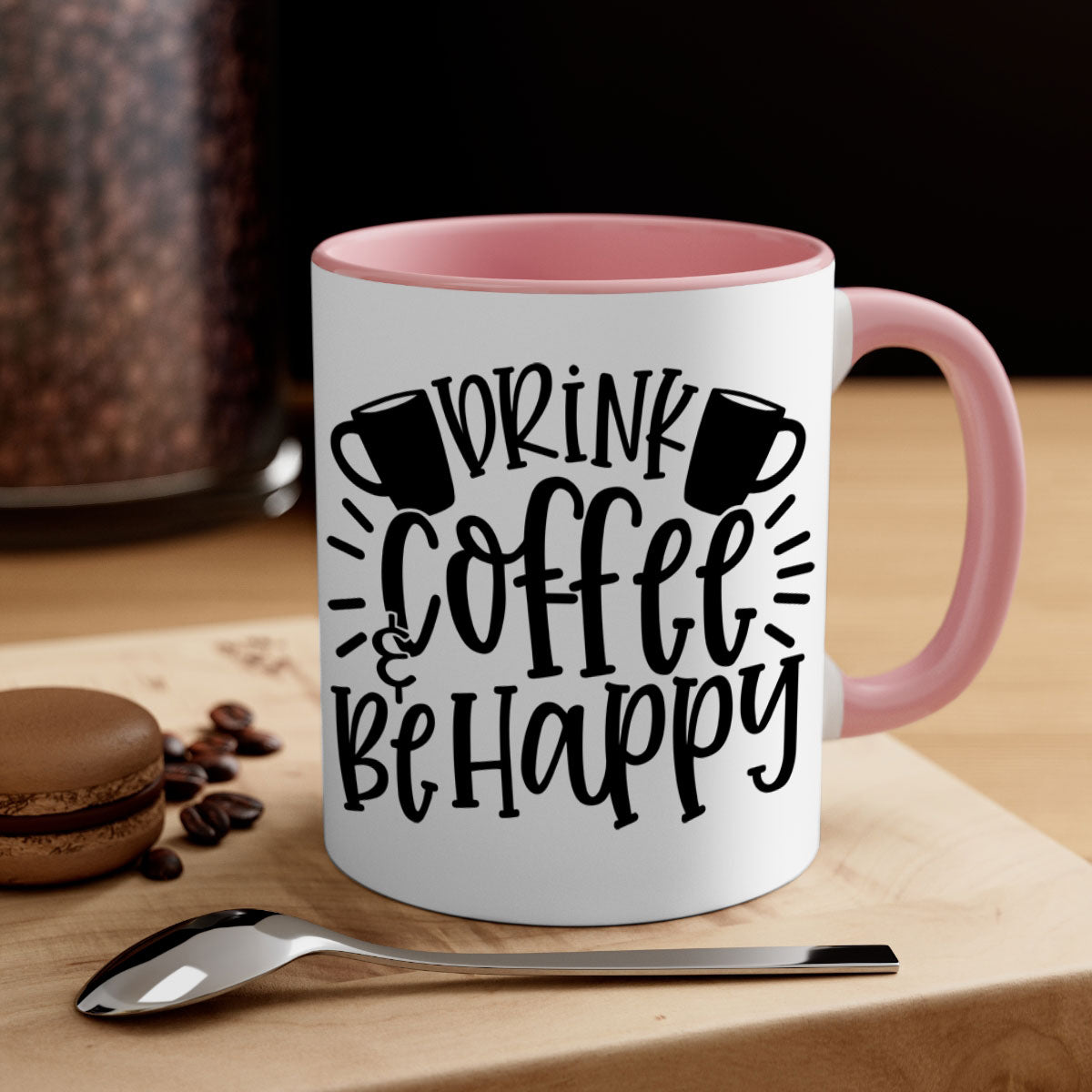 Drink Coffee Be Happy Mug in multiple colors with glossy finish and C-shaped handle.