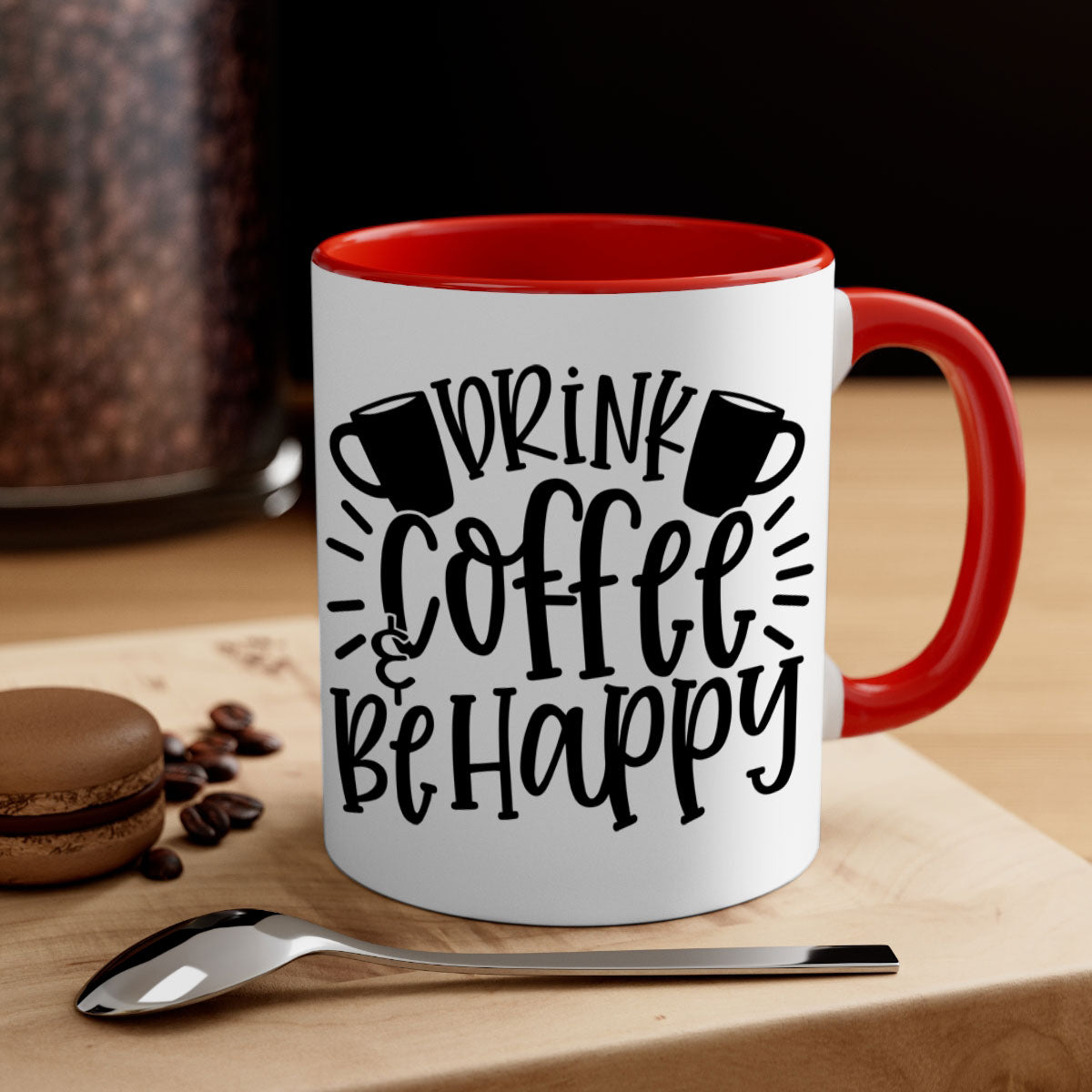 Drink Coffee Be Happy Mug in multiple colors with glossy finish and C-shaped handle.