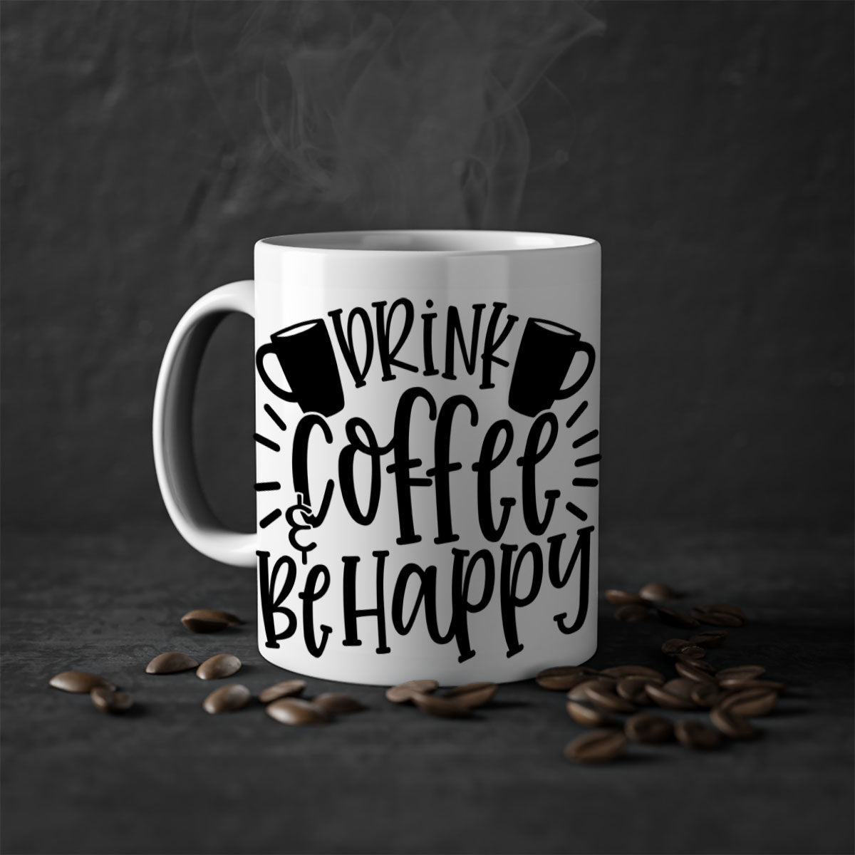 Drink Coffee Be Happy Mug in multiple colors with glossy finish and C-shaped handle.