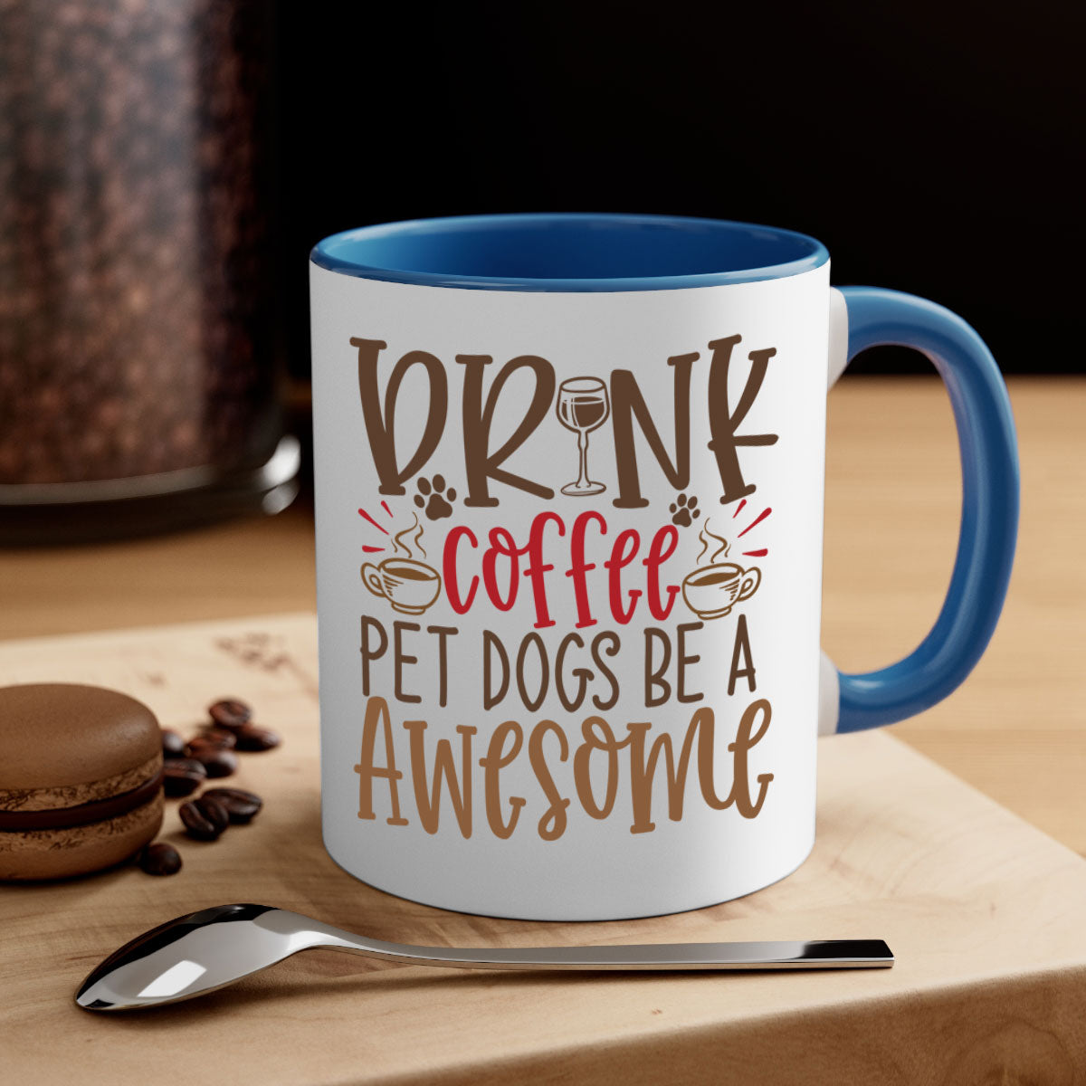 A stylish two-tone ceramic coffee mug featuring a colorful handle and interior, perfect for dog lovers and coffee enthusiasts.