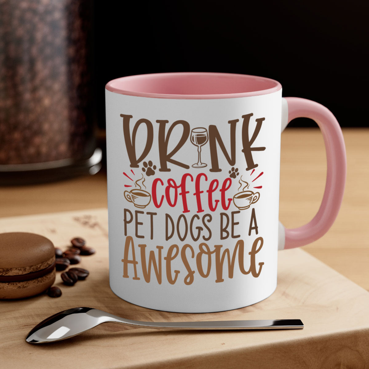 A stylish two-tone ceramic coffee mug featuring a colorful handle and interior, perfect for dog lovers and coffee enthusiasts.