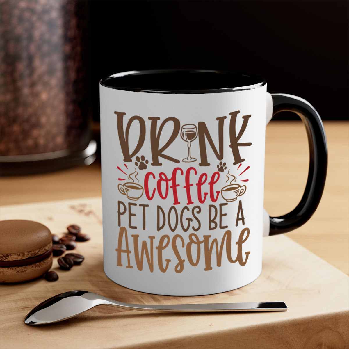 A stylish two-tone ceramic coffee mug featuring a colorful handle and interior, perfect for dog lovers and coffee enthusiasts.