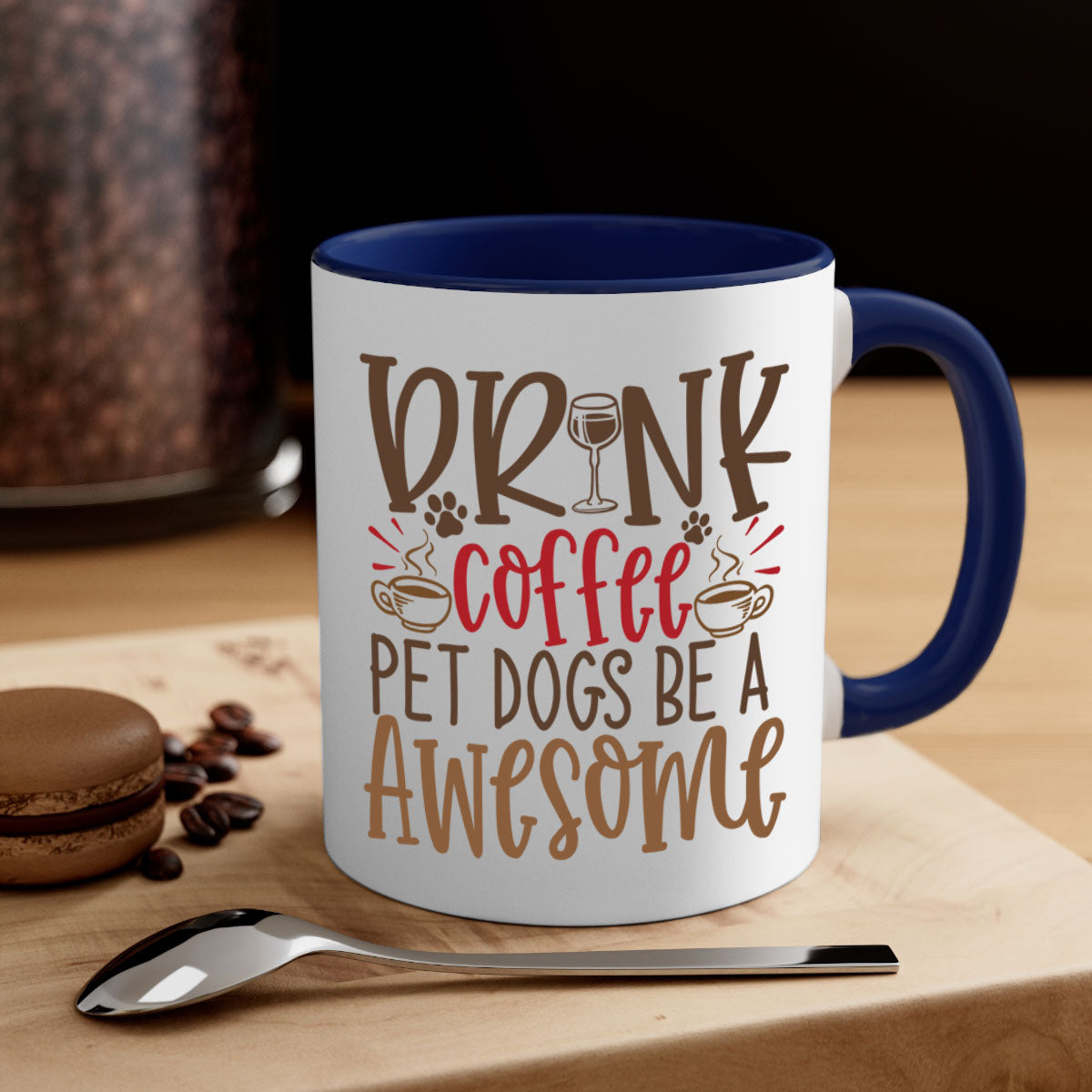 A stylish two-tone ceramic coffee mug featuring a colorful handle and interior, perfect for dog lovers and coffee enthusiasts.
