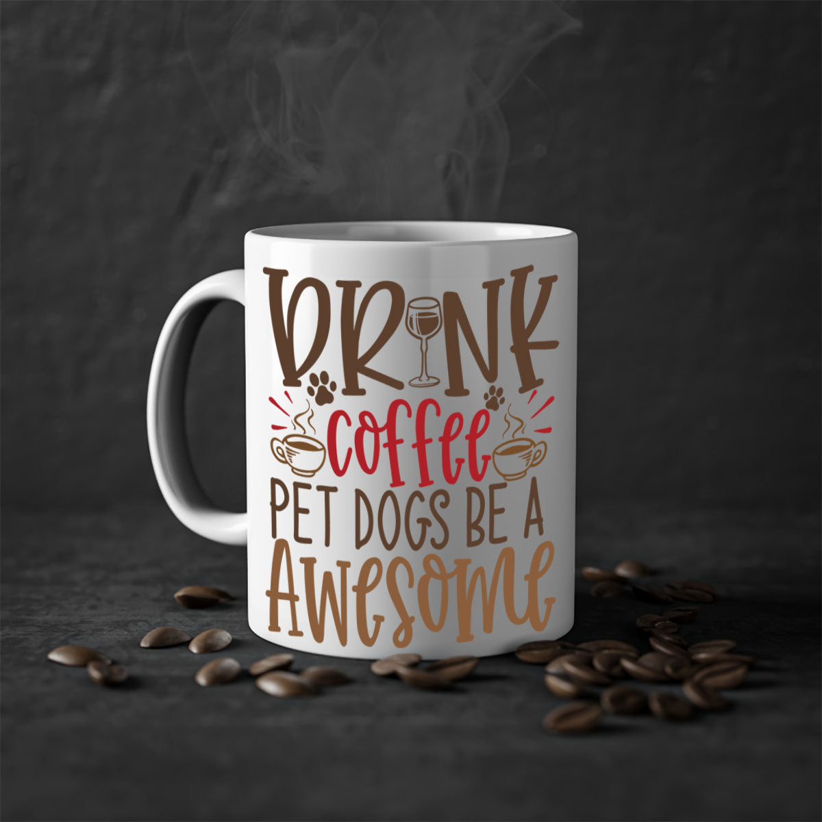 A stylish two-tone ceramic coffee mug featuring a colorful handle and interior, perfect for dog lovers and coffee enthusiasts.