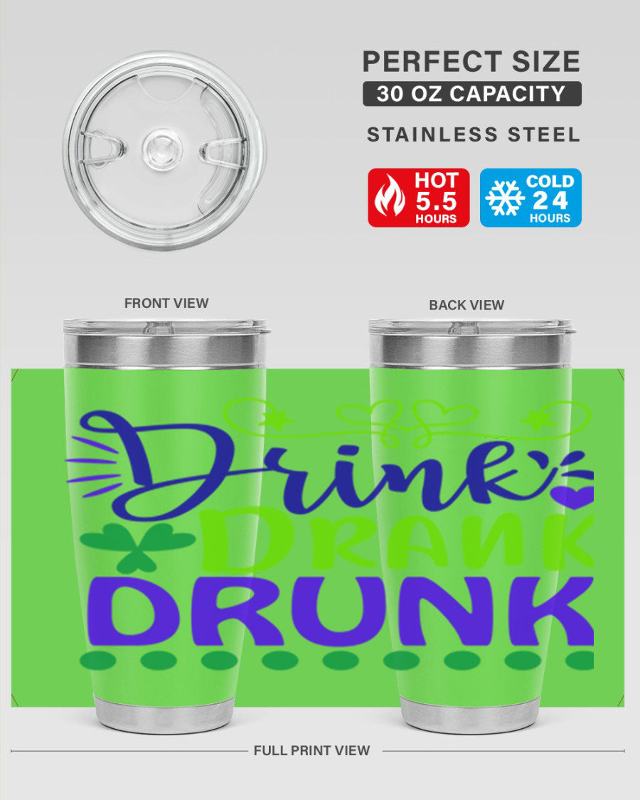 Drink Drank Drunk 22# Mardi Gras Tumbler in vibrant colors, showcasing its double wall vacuum stainless steel design and drink-thru lid.