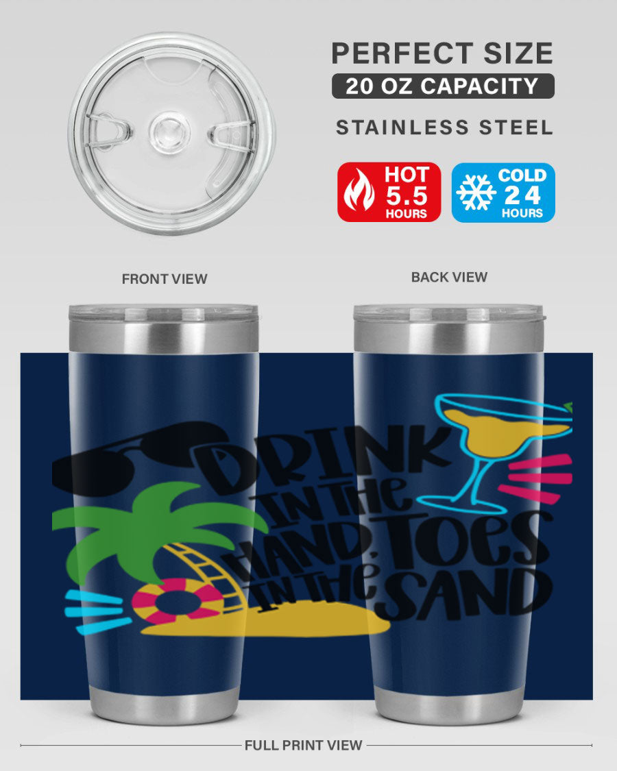 Drink In The Hand Toes In The Sand Style 48# Tumbler in vibrant colors, showcasing its double wall stainless steel design and drink-thru lid.