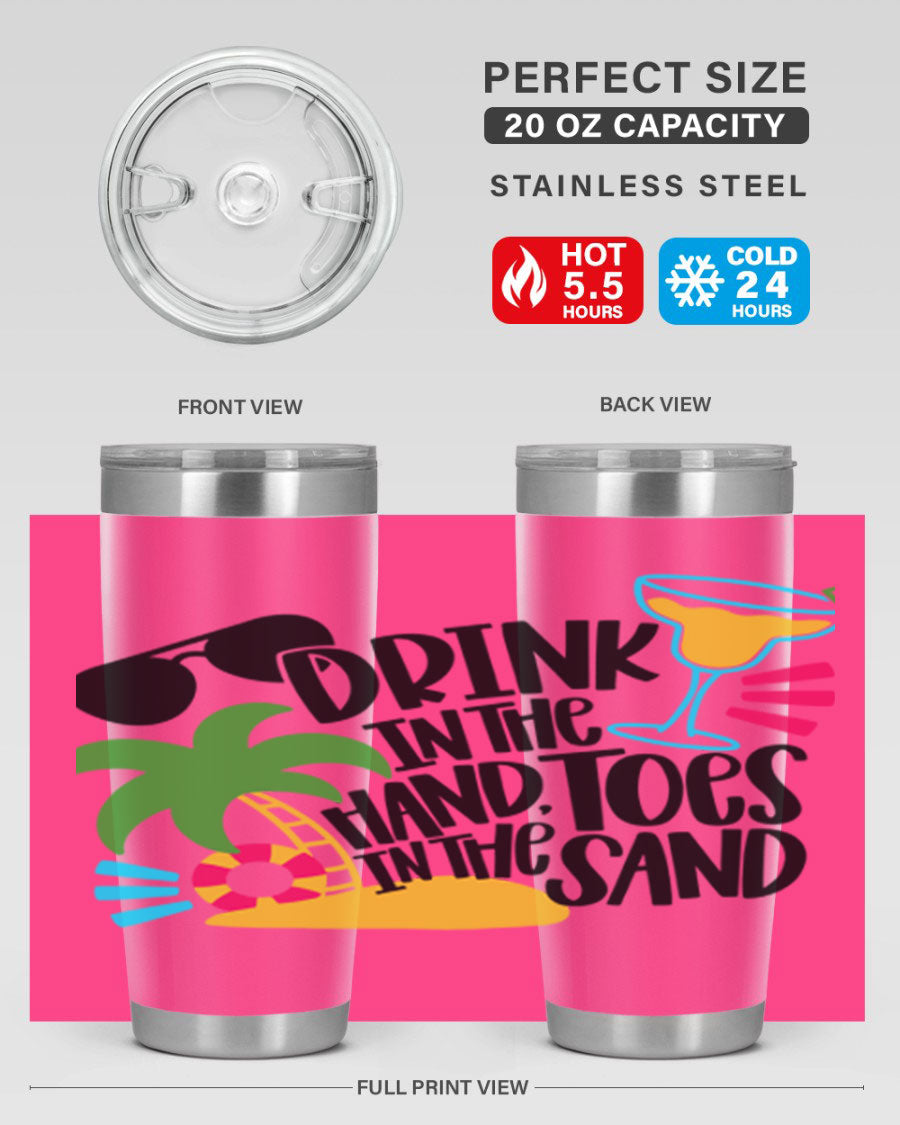 Drink In The Hand Toes In The Sand Style 48# Tumbler in vibrant colors, showcasing its double wall stainless steel design and drink-thru lid.