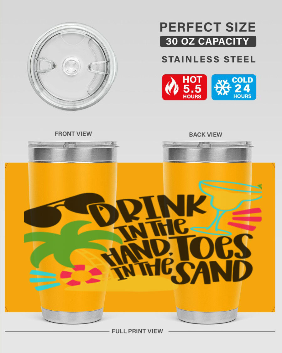 Drink In The Hand Toes In The Sand Style 48# Tumbler in vibrant colors, showcasing its double wall stainless steel design and drink-thru lid.