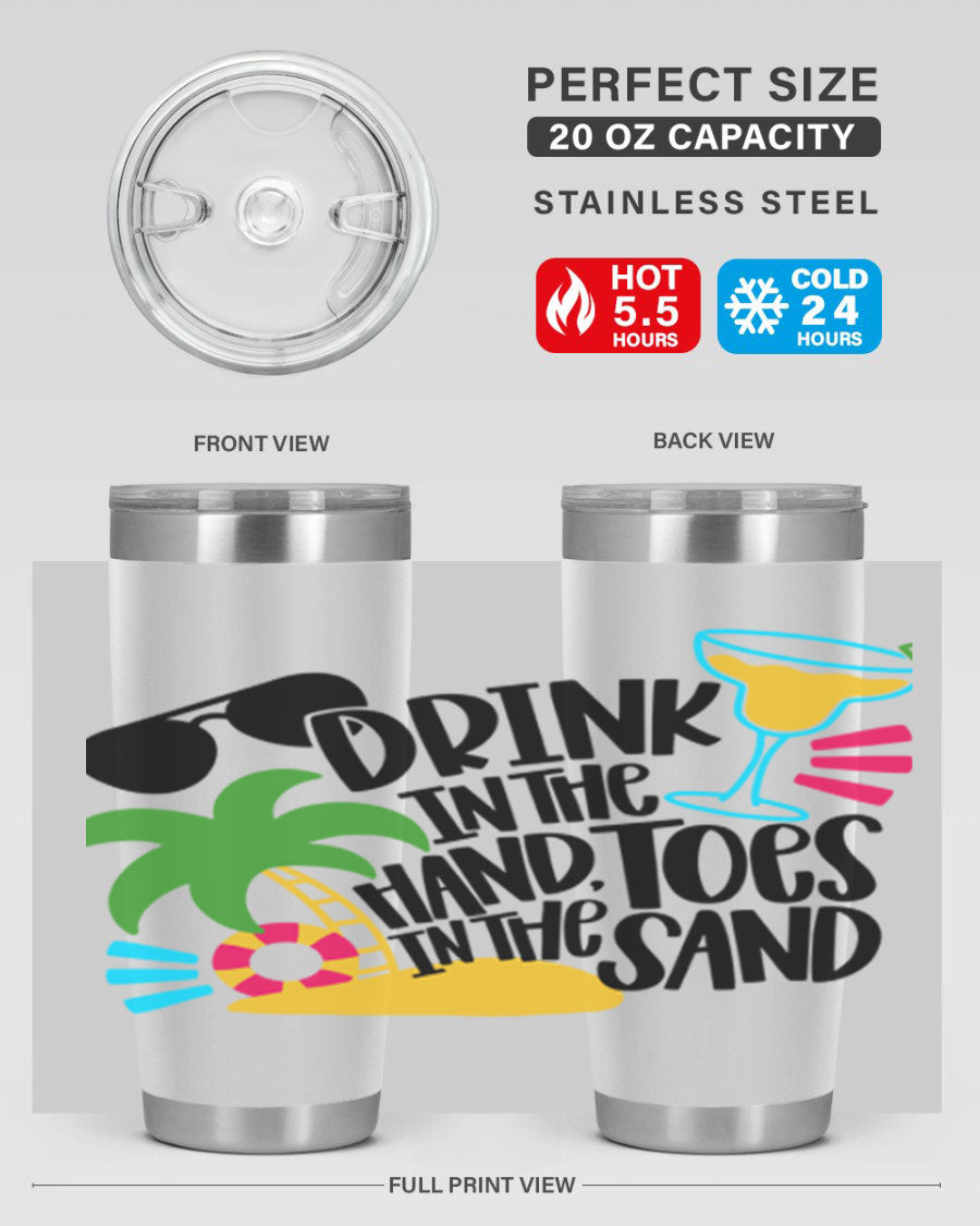 Drink In The Hand Toes In The Sand Style 48# Tumbler in vibrant colors, showcasing its double wall stainless steel design and drink-thru lid.
