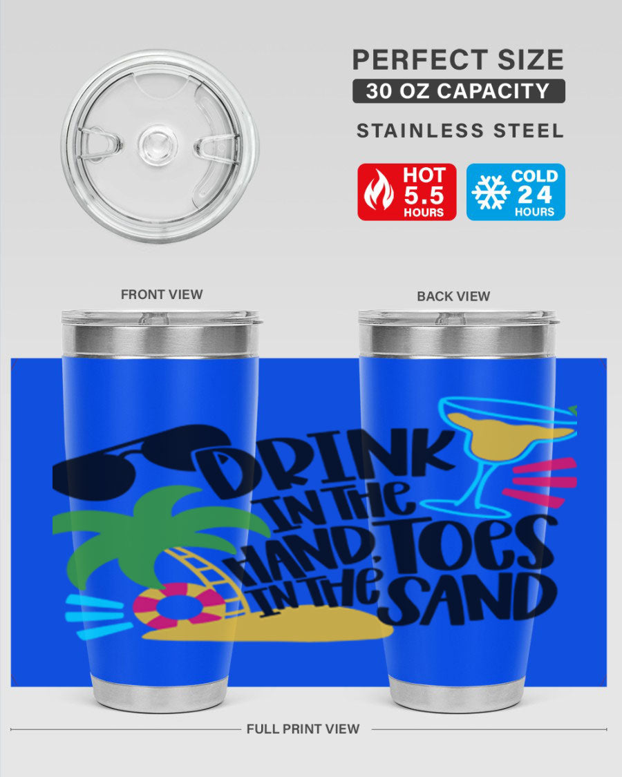 Drink In The Hand Toes In The Sand Style 48# Tumbler in vibrant colors, showcasing its double wall stainless steel design and drink-thru lid.
