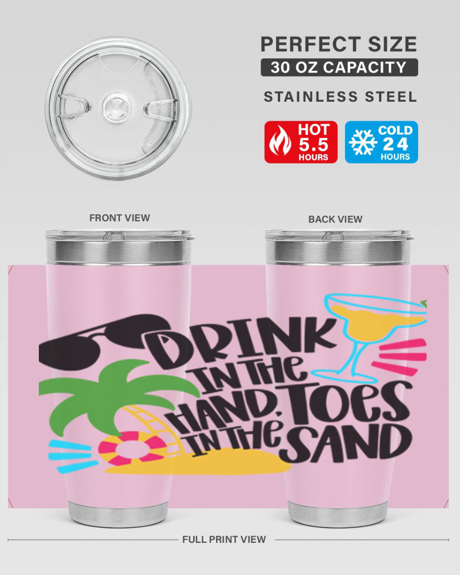 Drink In The Hand Toes In The Sand Style 48# Tumbler in vibrant colors, showcasing its double wall stainless steel design and drink-thru lid.