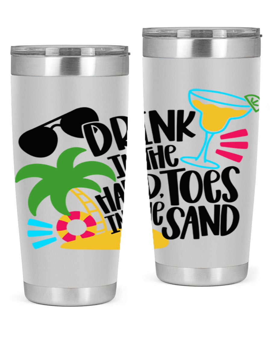 Drink In The Hand Toes In The Sand Style 48# Tumbler in vibrant colors, showcasing its double wall stainless steel design and drink-thru lid.