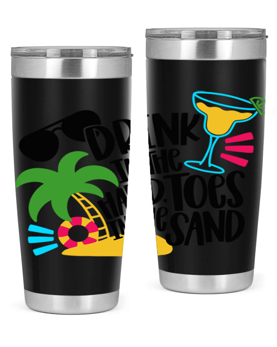 Drink In The Hand Toes In The Sand Style 48# Tumbler in vibrant colors, showcasing its double wall stainless steel design and drink-thru lid.