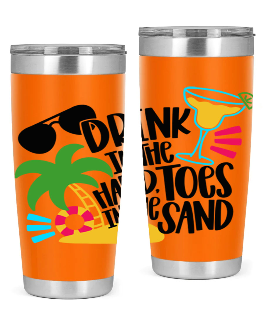 Drink In The Hand Toes In The Sand Style 48# Tumbler in vibrant colors, showcasing its double wall stainless steel design and drink-thru lid.