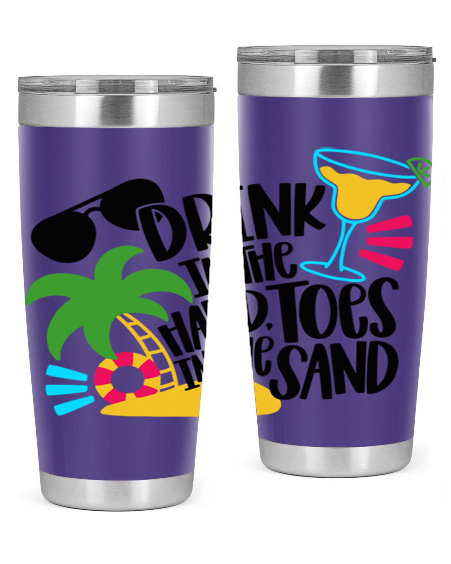 Drink In The Hand Toes In The Sand Style 48# Tumbler in vibrant colors, showcasing its double wall stainless steel design and drink-thru lid.