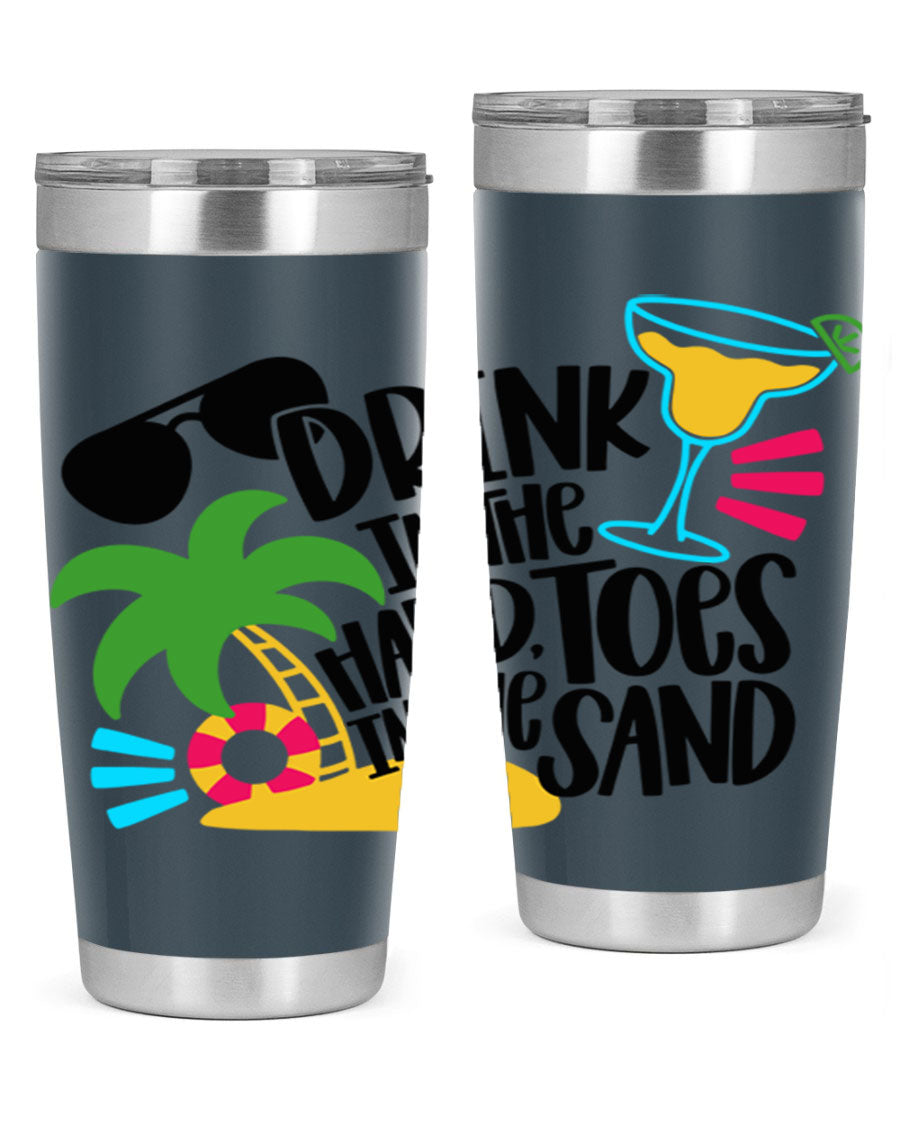Drink In The Hand Toes In The Sand Style 48# Tumbler in vibrant colors, showcasing its double wall stainless steel design and drink-thru lid.