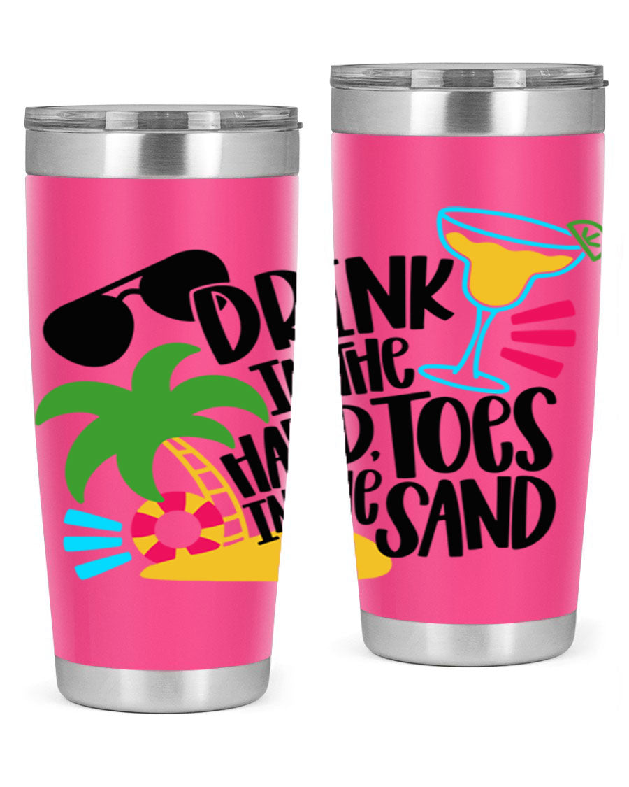 Drink In The Hand Toes In The Sand Style 48# Tumbler in vibrant colors, showcasing its double wall stainless steel design and drink-thru lid.
