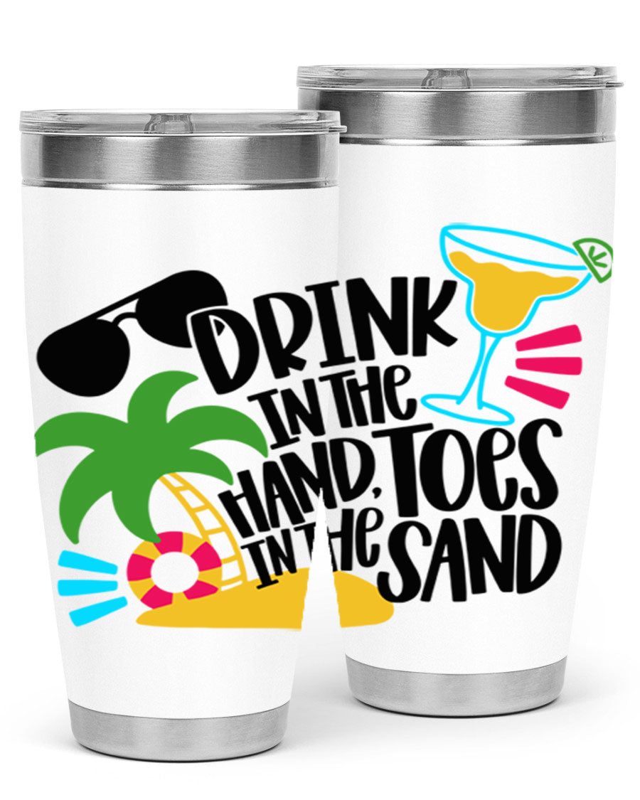 Drink In The Hand Toes In The Sand Style 48# Tumbler in vibrant colors, showcasing its double wall stainless steel design and drink-thru lid.