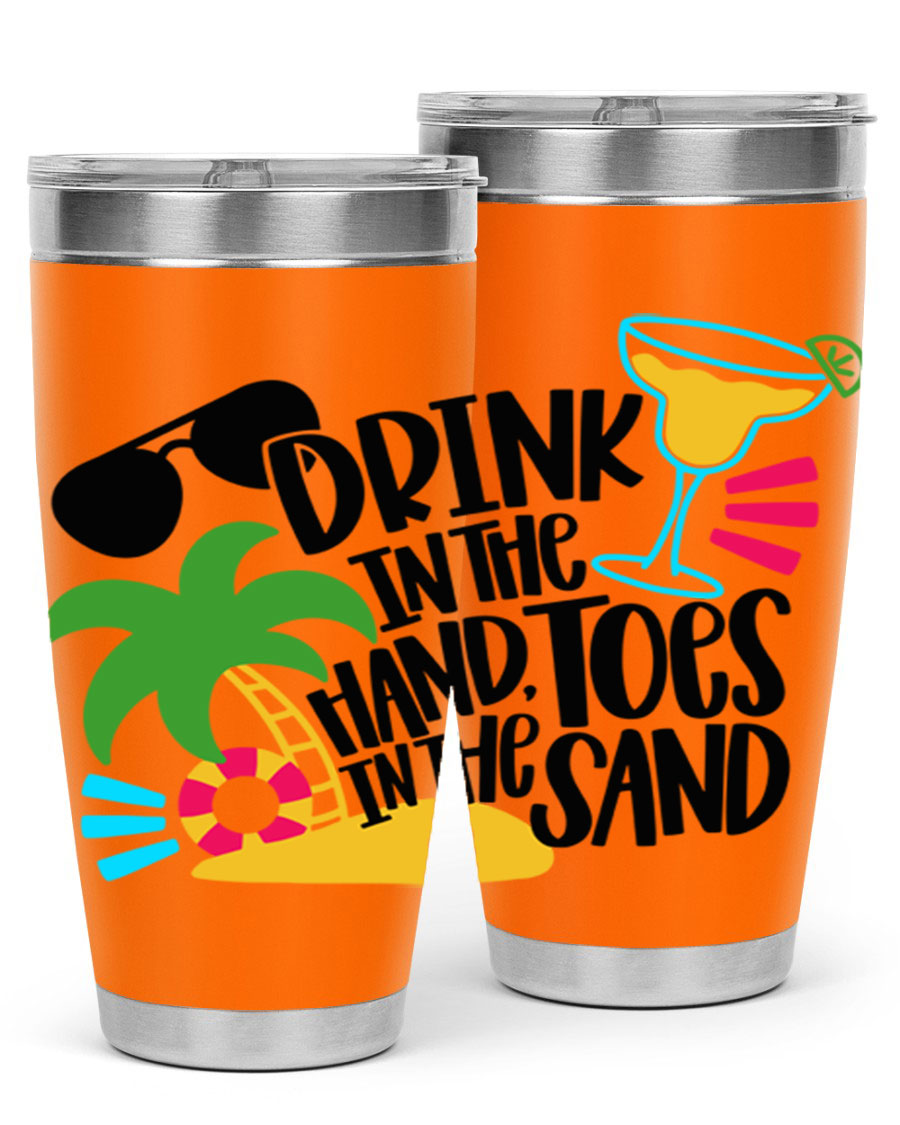 Drink In The Hand Toes In The Sand Style 48# Tumbler in vibrant colors, showcasing its double wall stainless steel design and drink-thru lid.