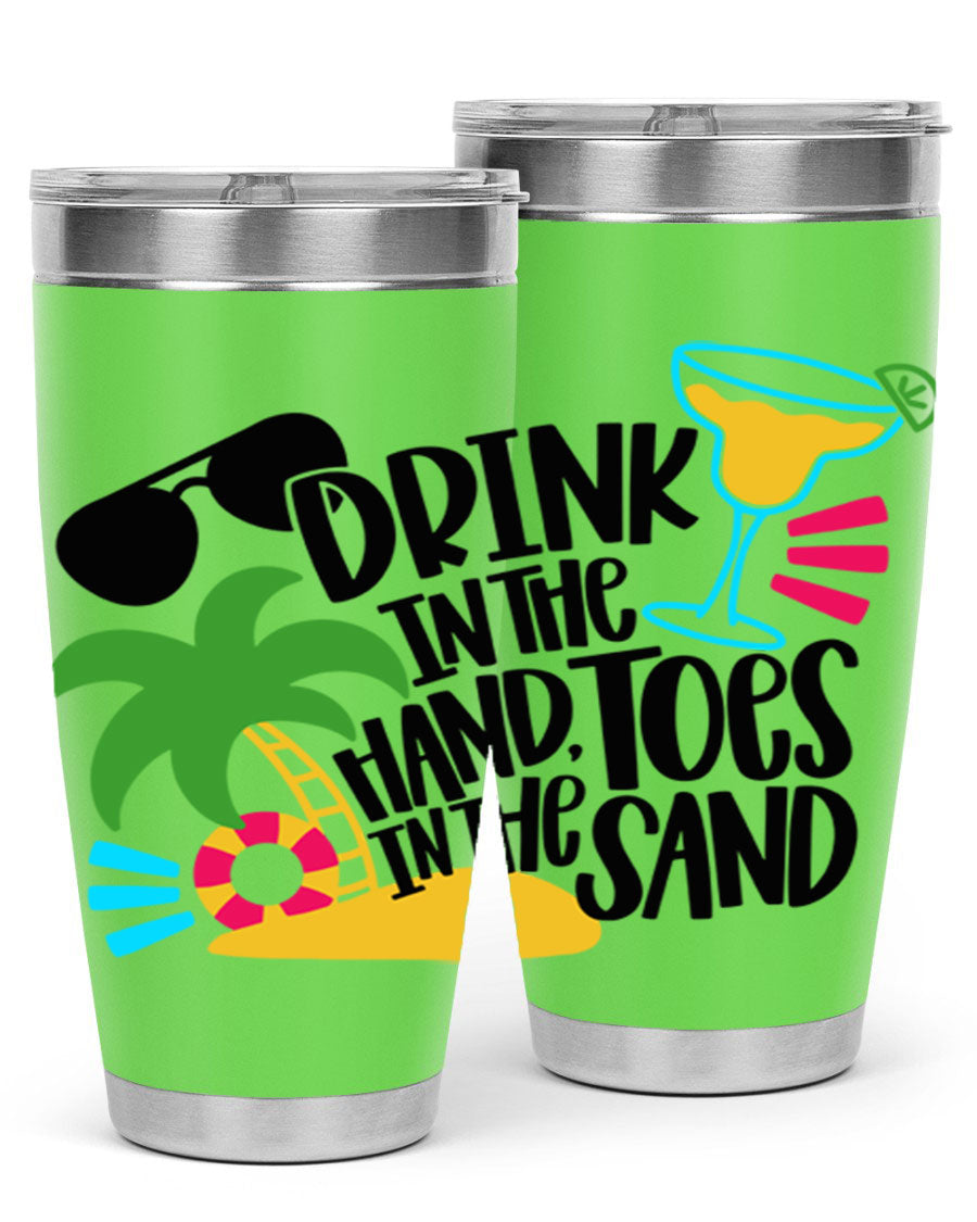 Drink In The Hand Toes In The Sand Style 48# Tumbler in vibrant colors, showcasing its double wall stainless steel design and drink-thru lid.