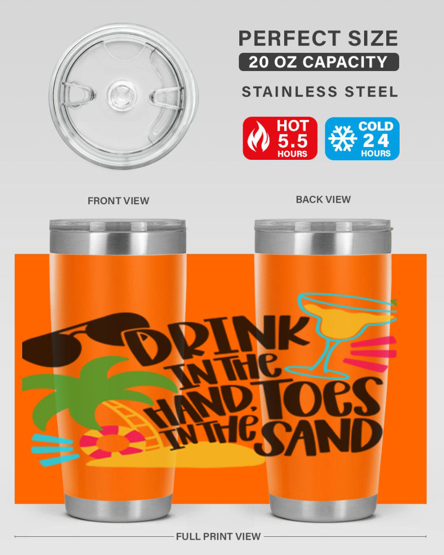 Drink In The Hand Toes In The Sand Style 48# Tumbler in vibrant colors, showcasing its double wall stainless steel design and drink-thru lid.