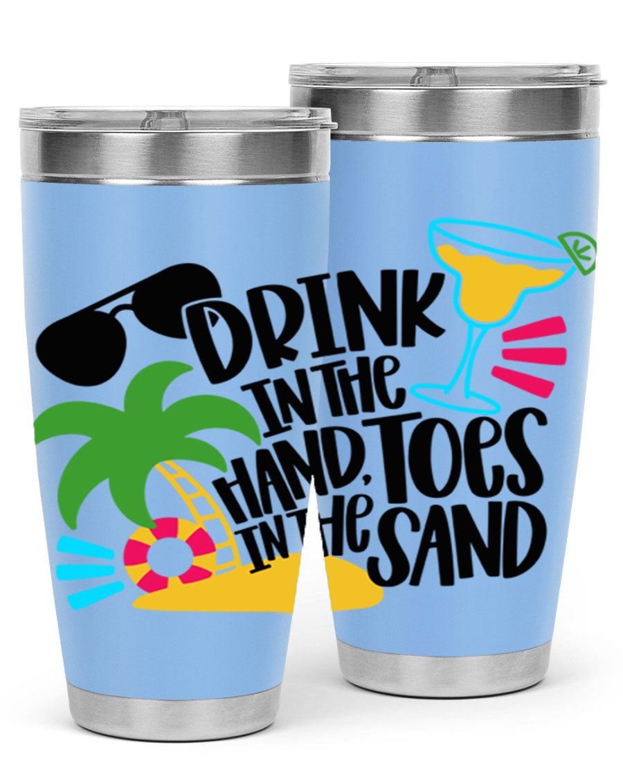 Drink In The Hand Toes In The Sand Style 48# Tumbler in vibrant colors, showcasing its double wall stainless steel design and drink-thru lid.