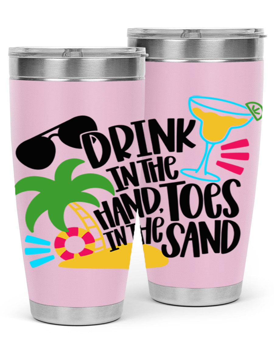 Drink In The Hand Toes In The Sand Style 48# Tumbler in vibrant colors, showcasing its double wall stainless steel design and drink-thru lid.