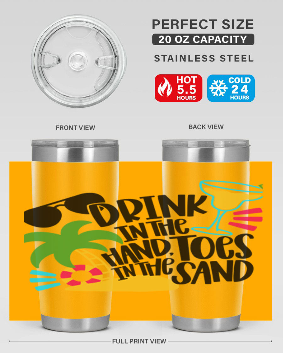 Drink In The Hand Toes In The Sand Style 48# Tumbler in vibrant colors, showcasing its double wall stainless steel design and drink-thru lid.