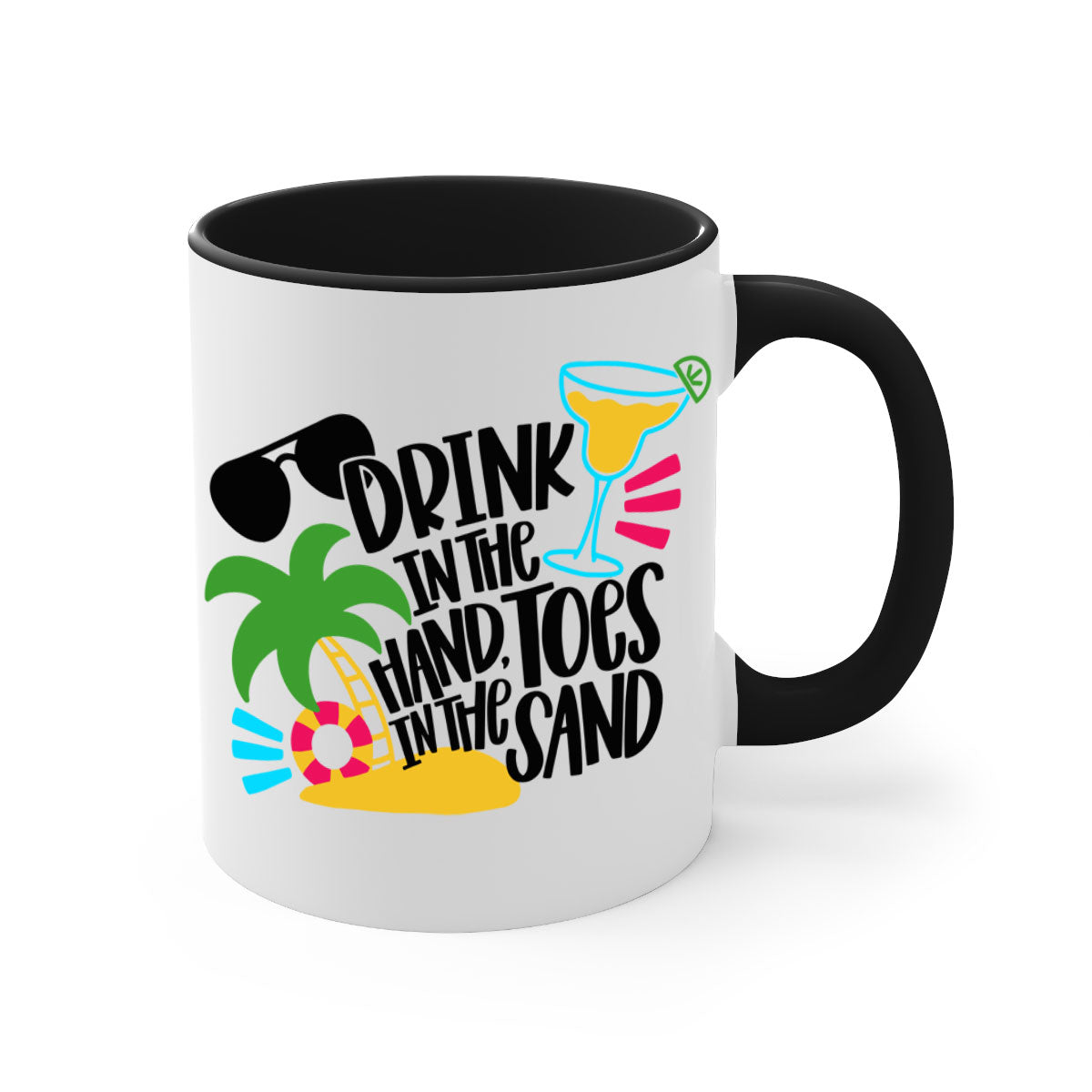 Drink In The Hand Toes In The Sand Style Mug with a glossy finish, featuring a colored handle and interior, available in multiple colors.