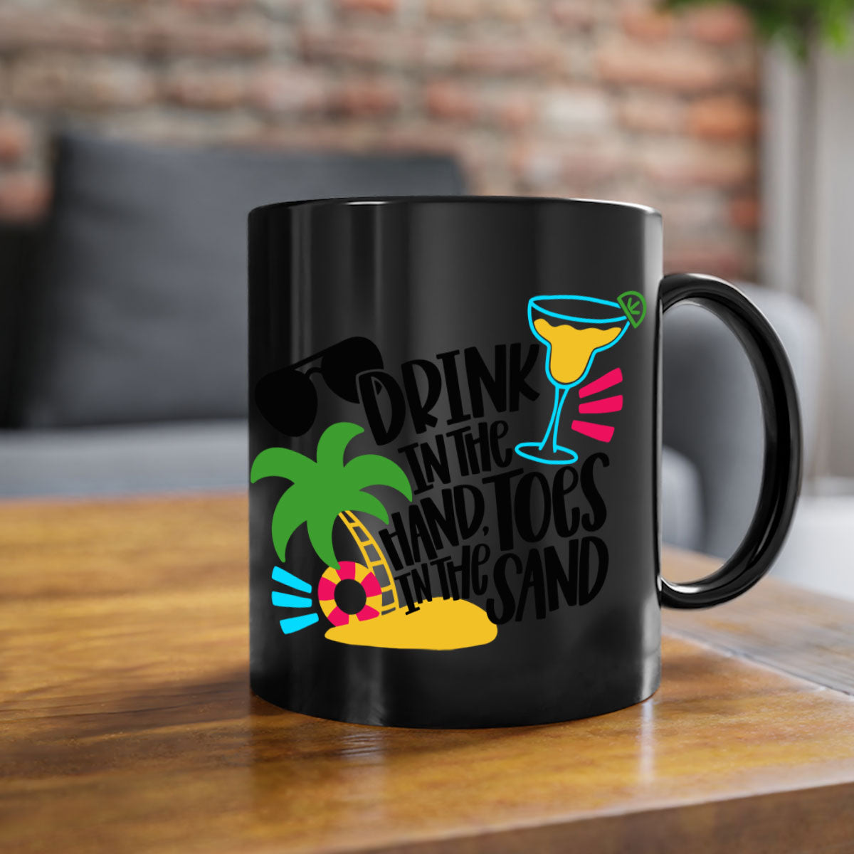 Drink In The Hand Toes In The Sand Style Mug with a glossy finish, featuring a colored handle and interior, available in multiple colors.