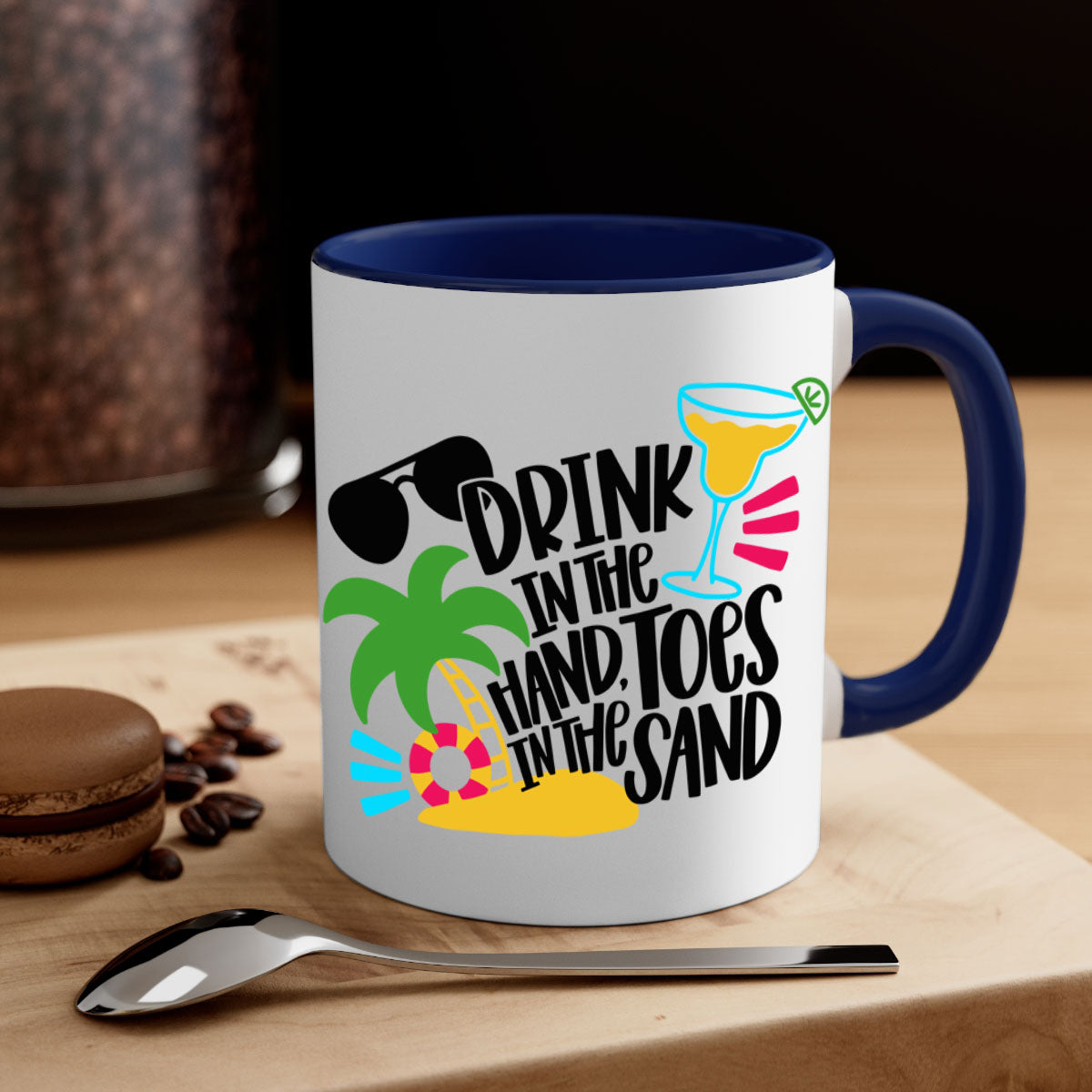 Drink In The Hand Toes In The Sand Style Mug with a glossy finish, featuring a colored handle and interior, available in multiple colors.