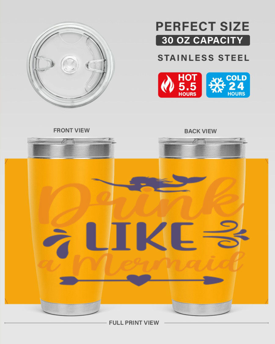 Drink Like a Mermaid 20oz Tumbler featuring a vibrant mermaid design, double wall vacuum insulation, and a drink-thru lid.