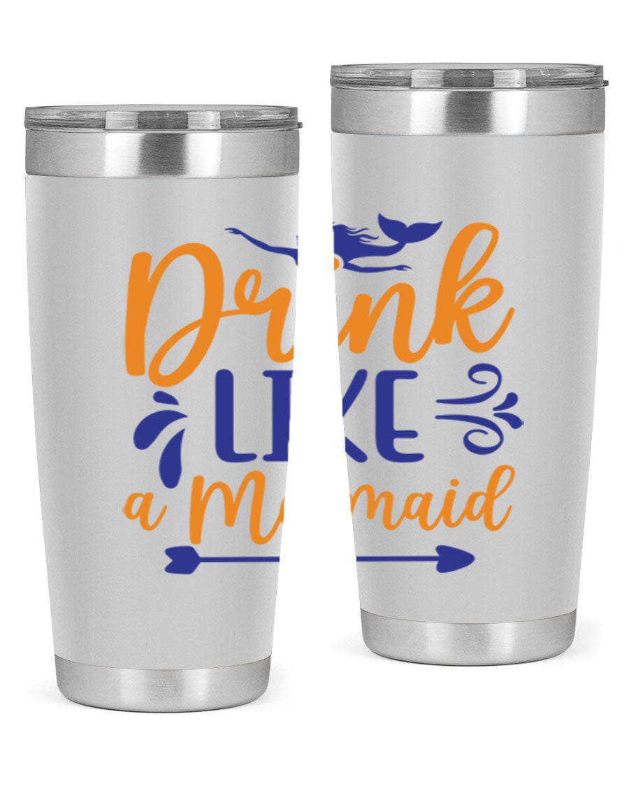 Drink Like a Mermaid 20oz Tumbler featuring a vibrant mermaid design, double wall vacuum insulation, and a drink-thru lid.