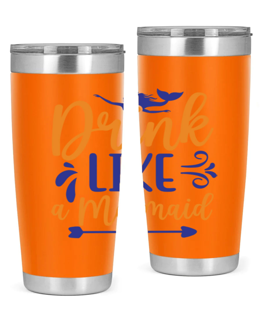 Drink Like a Mermaid 20oz Tumbler featuring a vibrant mermaid design, double wall vacuum insulation, and a drink-thru lid.